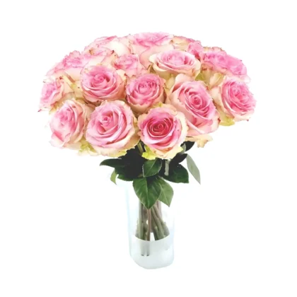 Un bouquet luxuriant de roses aux nuances délicates, variant du rose tendre au rose vif, avec des reflets dorés sur les bords des pétales. Les roses sont disposées en un arrangement touffu et sphérique, créant une composition florale romantique et sophistiquée qui évoque la douceur et la tendresse, créé par Fleursdumaroc.