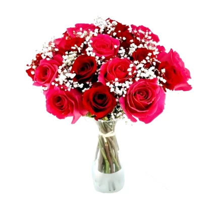 Un bouquet somptueux de roses dans des nuances de rouge profond et rose vif, délicatement parsemé de petites gypsophiles blanches. Les roses, allant du rouge cramoisi au rose fuchsia éclatant, sont disposées avec élégance dans un vase en verre transparent, créant une composition florale passionnée et sophistiquée, créé par Fleursdumaroc.