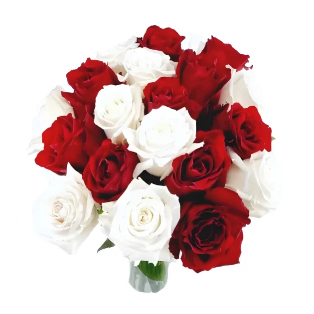 Un bouquet romantique composé de roses rouges passionnées et de roses blanches immaculées, disposé dans un vase en verre transparent. Les tons contrastés des roses - rouge profond et blanc pur - sont délicatement entourés de feuilles vertes fraîches, créant une composition florale élégante et symbolique de l'amour, créé par Fleursdumaroc.
