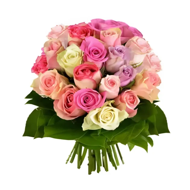 Charmant bouquet rond aux teintes pastel, composé de roses dans différentes nuances de rose, du plus clair au plus vif, avec quelques roses blanches et jaunes pâles, accompagnées d'un feuillage vert vif, créé par Fleursdumaroc. Cette composition douce et romantique évoque la tendresse et la délicatesse, parfaite pour célébrer un anniversaire, exprimer des félicitations ou offrir un cadeau élégant.