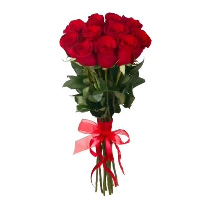 Élégant bouquet de roses rouges passion, composé d'une douzaine de fleurs aux boutons parfaitement éclos et au feuillage vert intense, délicatement lié par un ruban rouge assorti, créé par Fleursdumaroc. Un classique intemporel symbolisant l'amour et idéal pour exprimer des sentiments profonds.